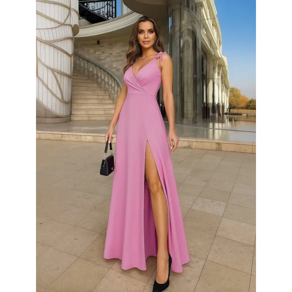 Kadın Askılı Omuzdan Bağlamalı Kruvaze Yakalı Uzun Yırtmaçlı Janjan Krep Elbise