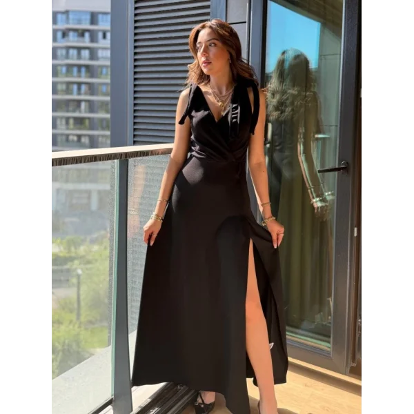 Kadın Askılı Omuzdan Bağlamalı Kruvaze Yakalı Uzun Yırtmaçlı Janjan Krep Elbise