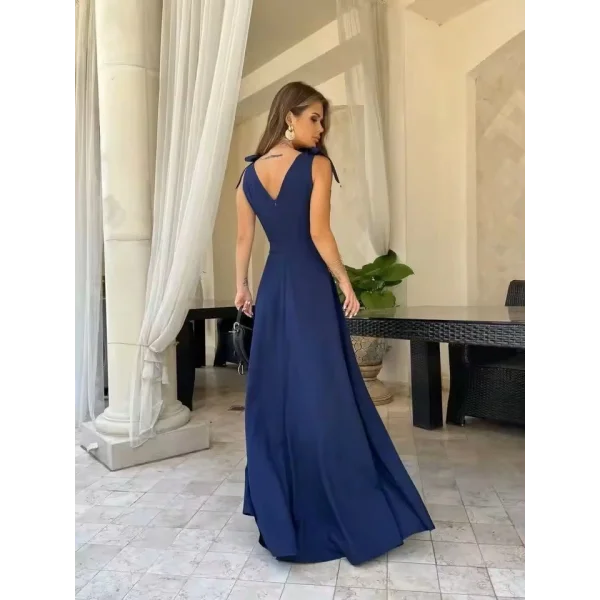 Kadın Askılı Omuzdan Bağlamalı Kruvaze Yakalı Uzun Yırtmaçlı Janjan Krep Elbise