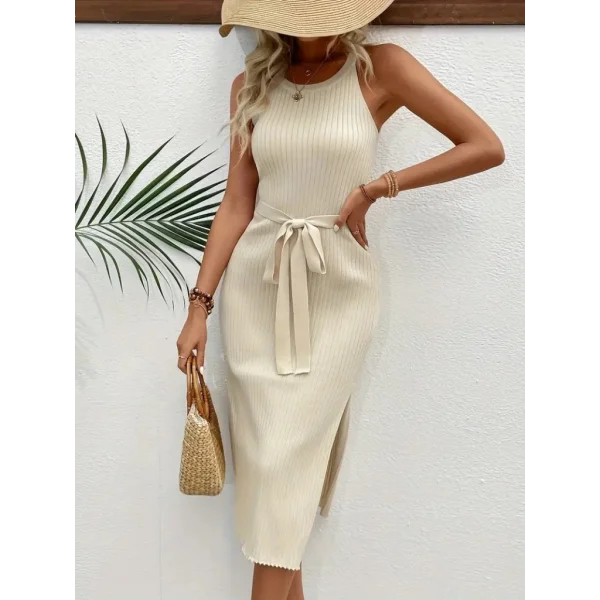 Kadın Askılı Omuzlardan Açık Belden Kuşaklı Yandan Yırtmaçlı Triko Elbise