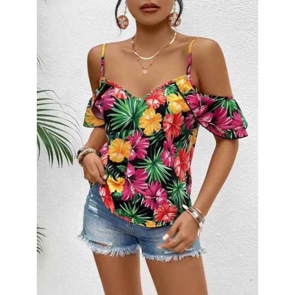 Kadın Askılı Omuzlardan Açık çiçek Baskılı Bluz