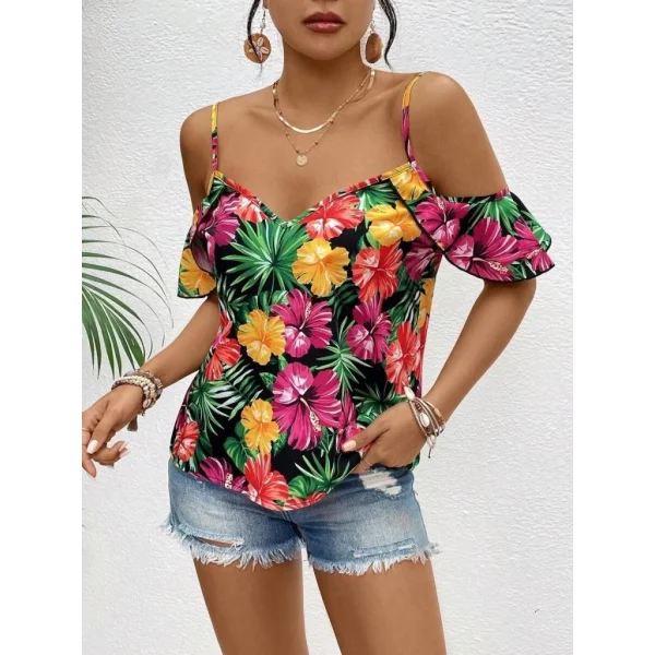Kadın Askılı Omuzlardan Açık çiçek Baskılı Bluz