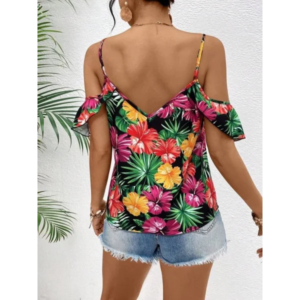 Kadın Askılı Omuzlardan Açık çiçek Baskılı Bluz