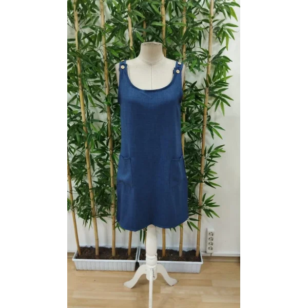 Kadın Askılı Omuzlardan Düğmeli Yuvarlak Yaka Cepli Keten Elbise