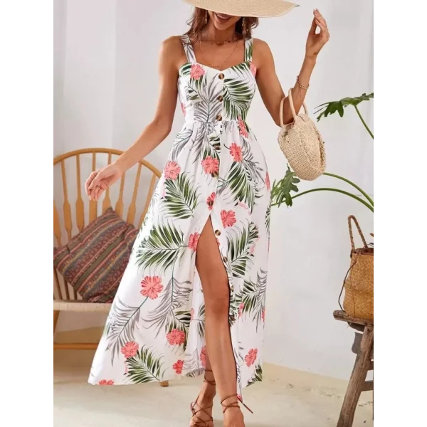 Kadın Askılı önden Düğmeli Yaprak Desenli Uzun Süprem Elbise