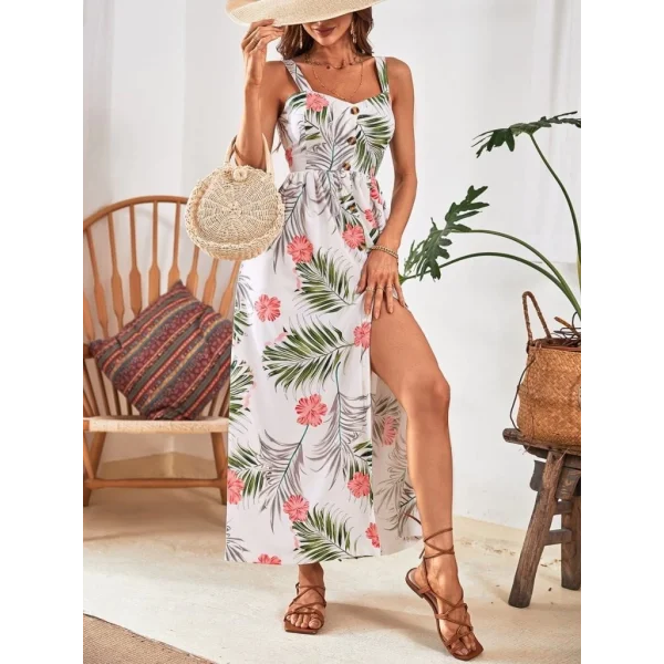 Kadın Askılı önden Düğmeli Yaprak Desenli Uzun Süprem Elbise