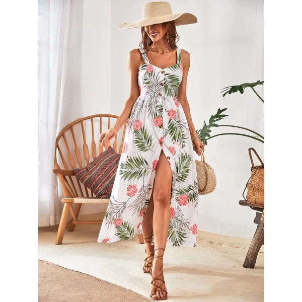 Kadın Askılı önden Düğmeli Yaprak Desenli Uzun Süprem Elbise