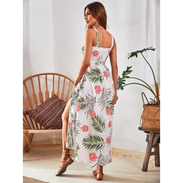 Kadın Askılı önden Düğmeli Yaprak Desenli Uzun Süprem Elbise