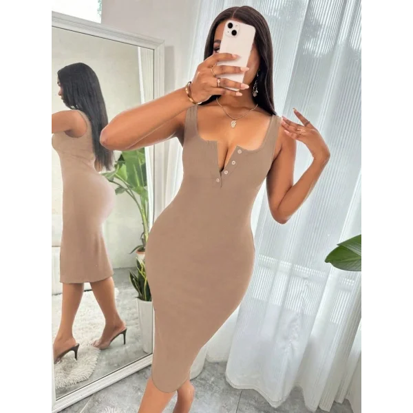 Kadın Askılı önü Düğmeli Midi Kaşkorse Elbise