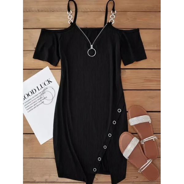 Kadın Askılı önü Fermuarlı Asimetrik Kesim Detaylı Kalın Fitilli Kaşkorse Elbise