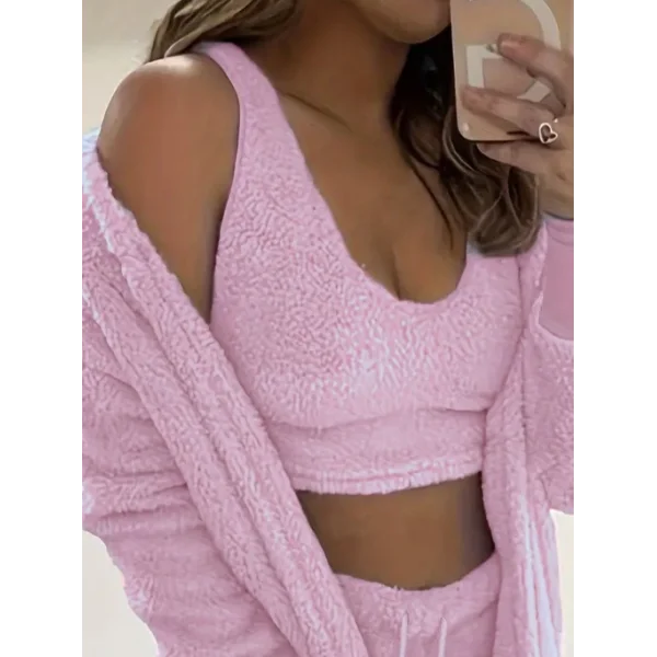 Kadın Askılı Peluş Bluz,şort Ve Ceket üçlü Takım