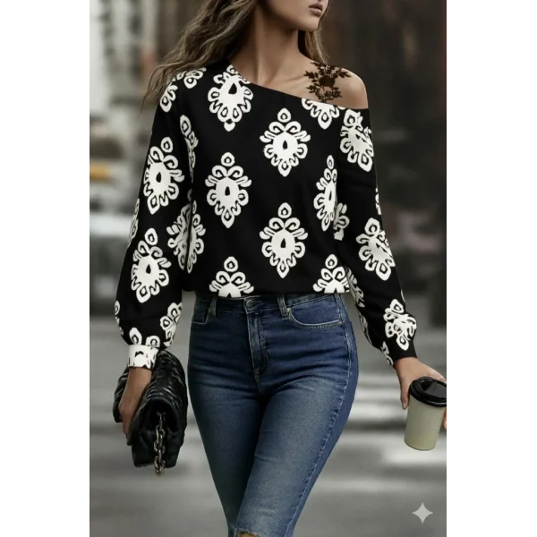 Kadın Askılı Uzun Kollu Omuzlardan Açık Desenli Mosskrep Bluz