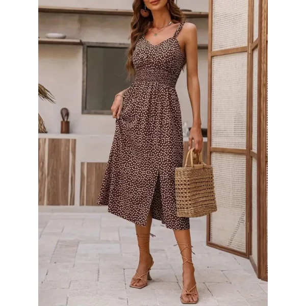 Kadın Askılı V Yakalı Beli Lastikli Yırtmaçlı Süprem Midi Elbise