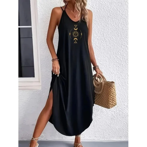 Kadın Askılı V Yakalı Desenli Uzun Viskon Elbise