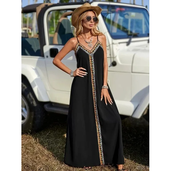 Kadın Askılı V Yakalı Etnik şerit Detaylı Uzun Viskon Elbise