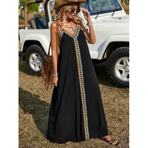 Kadın Askılı V Yakalı Etnik şerit Detaylı Uzun Viskon Elbise