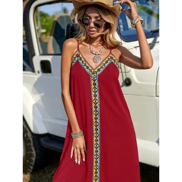 Kadın Askılı V Yakalı Etnik şerit Detaylı Uzun Viskon Elbise