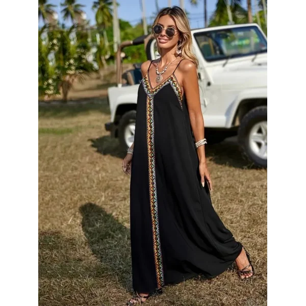 Kadın Askılı V Yakalı Etnik şerit Detaylı Uzun Viskon Elbise