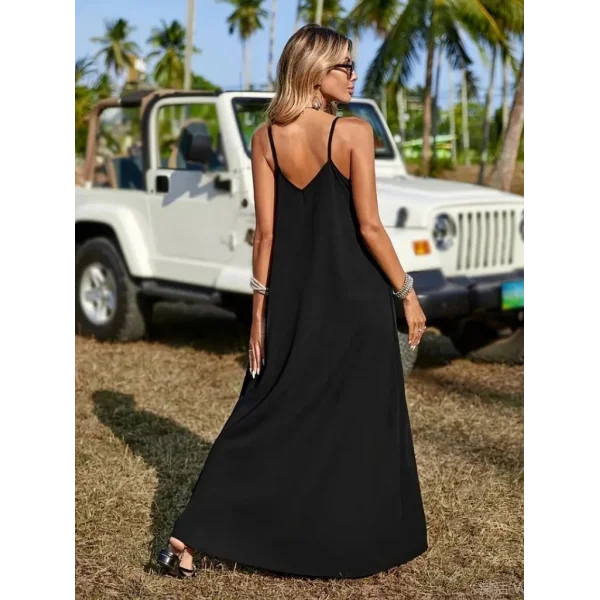 Kadın Askılı V Yakalı Etnik şerit Detaylı Uzun Viskon Elbise