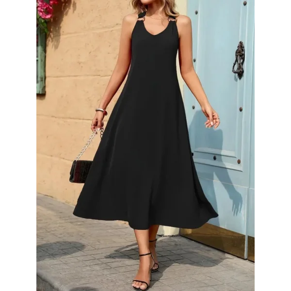 Kadın Askılı V Yakalı Halka Detaylı Maksi Boy Viskon Elbise