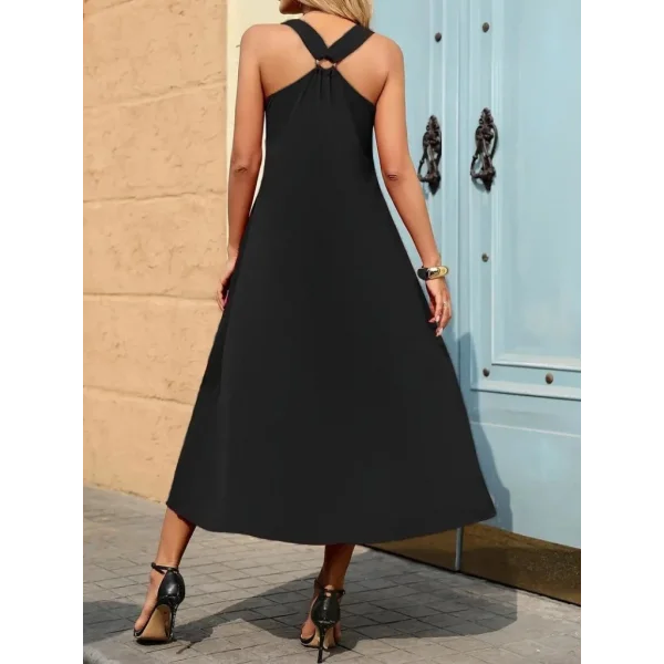 Kadın Askılı V Yakalı Halka Detaylı Maksi Boy Viskon Elbise