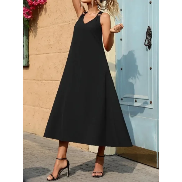 Kadın Askılı V Yakalı Halka Detaylı Maksi Boy Viskon Elbise