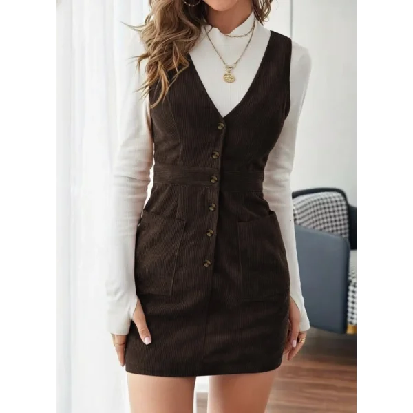 Kadın Askılı V Yakalı önden Düğmeli Mini Kalın Fitilli Kadife Elbise