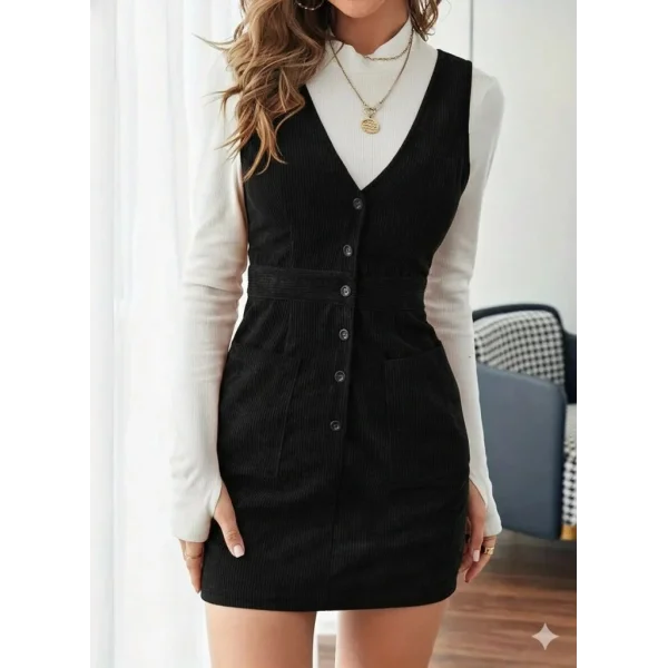 Kadın Askılı V Yakalı önden Düğmeli Mini Kalın Fitilli Kadife Elbise