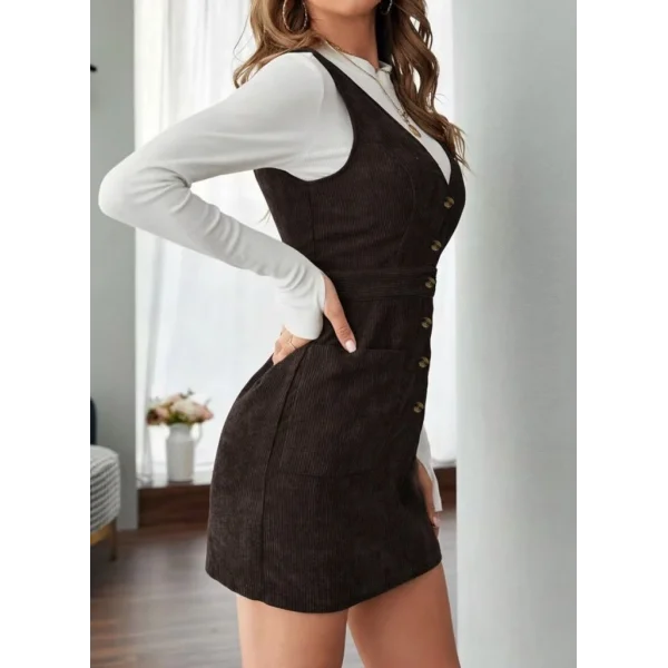 Kadın Askılı V Yakalı önden Düğmeli Mini Kalın Fitilli Kadife Elbise