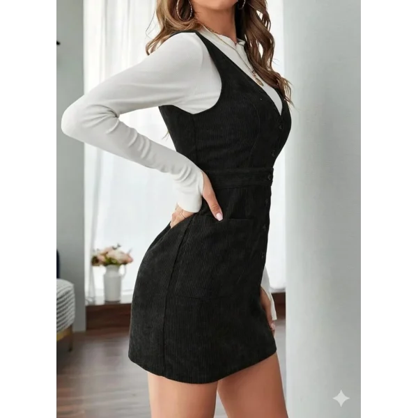 Kadın Askılı V Yakalı önden Düğmeli Mini Kalın Fitilli Kadife Elbise