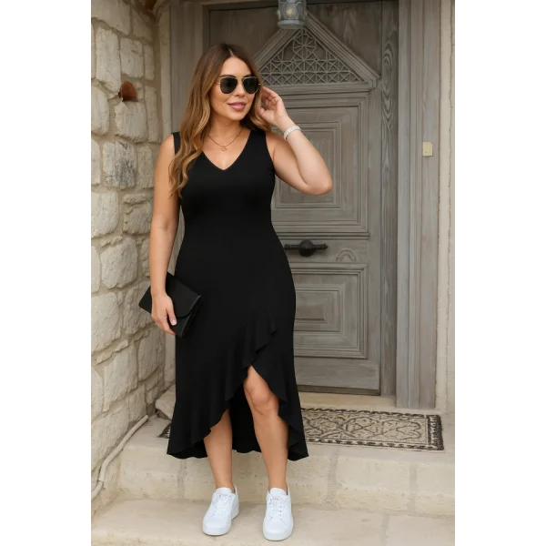 Kadın Askılı V Yakalı önden Fırfırlı Uzun Dalgıç Elbise