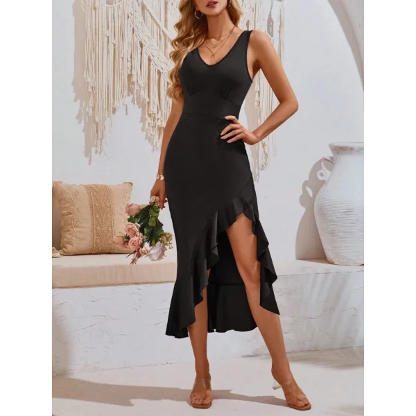 Kadın Askılı V Yakalı önden Fırfırlı Uzun Dalgıç Elbise