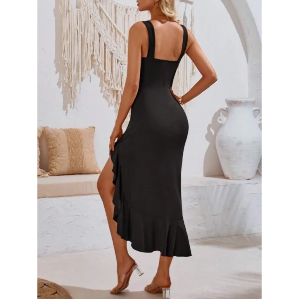 Kadın Askılı V Yakalı önden Fırfırlı Uzun Dalgıç Elbise