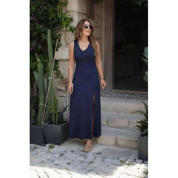 Kadın Askılı V Yakalı Yırtmaçlı Uzun Viskon Elbise