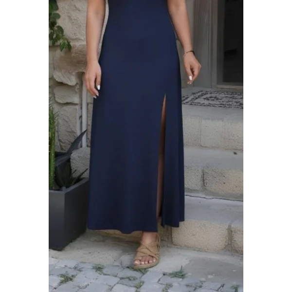 Kadın Askılı V Yakalı Yırtmaçlı Uzun Viskon Elbise