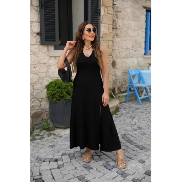 Kadın Askılı V Yakalı Yırtmaçlı Viskon Elbise