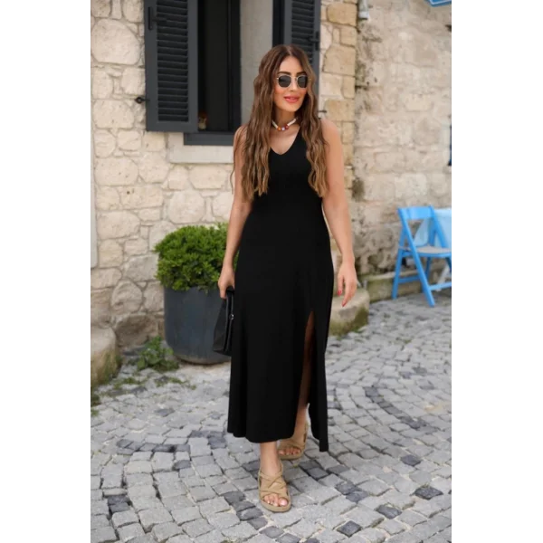 Kadın Askılı V Yakalı Yırtmaçlı Viskon Elbise