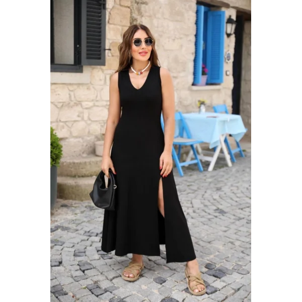 Kadın Askılı V Yakalı Yırtmaçlı Viskon Elbise