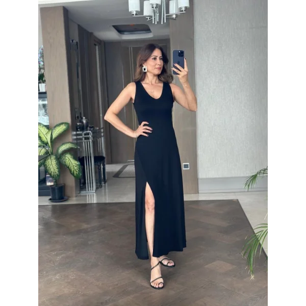 Kadın Askılı V Yakalı Yırtmaçlı Viskon Elbise