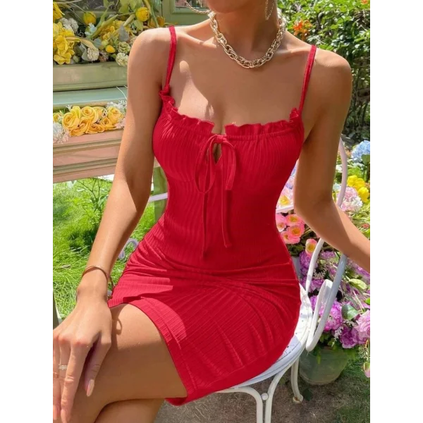 Kadın Askılı Yakası Fırfır Ve Bağlama Detay Kaşkorse Elbise