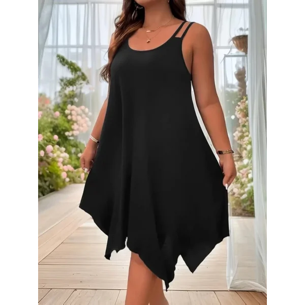 Kadın Askılı Yuvarlak Asimetrik Kesim Detaylı Viskon Elbise