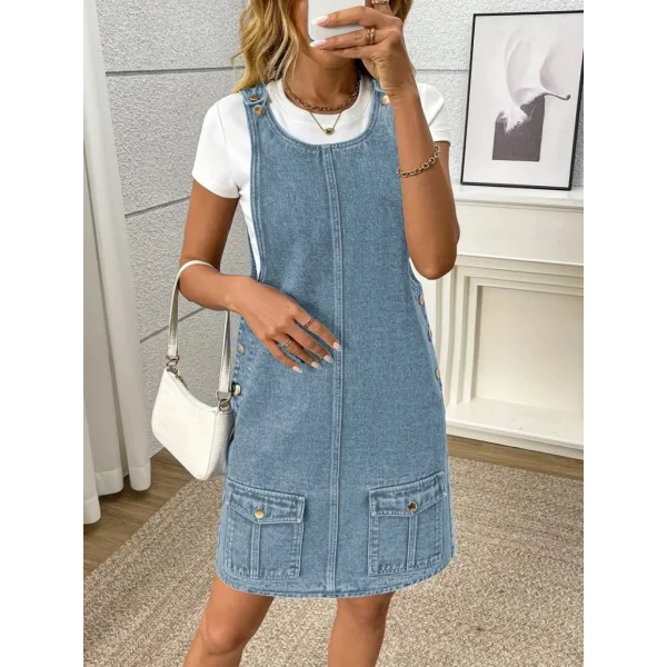 Kadın Askılı Yuvarlak Yaka A Kesim Cep Detaylı Kot Elbise