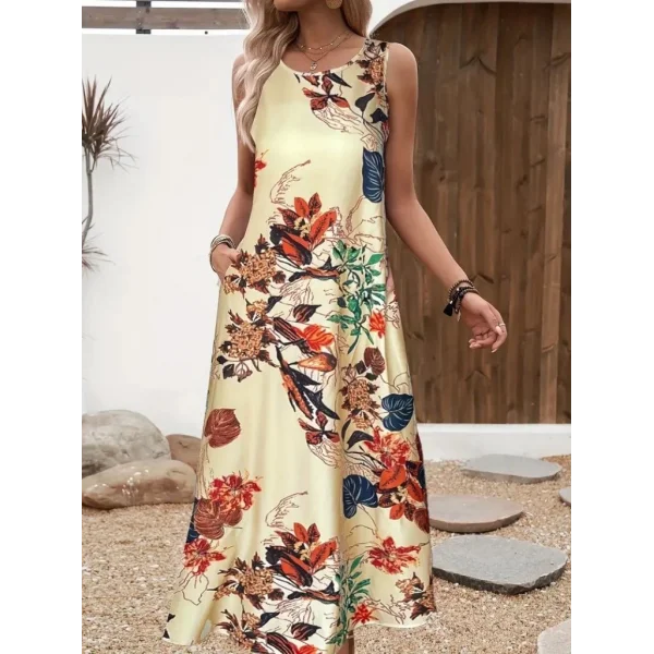 Kadın Askılı Yuvarlak Yaka Cepli Desenli Süprem Elbise