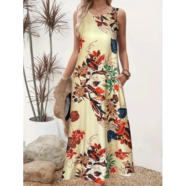 Kadın Askılı Yuvarlak Yaka Cepli Desenli Süprem Elbise