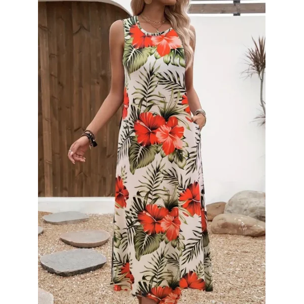 Kadın Askılı Yuvarlak Yaka Cepli Desenli Süprem Elbise