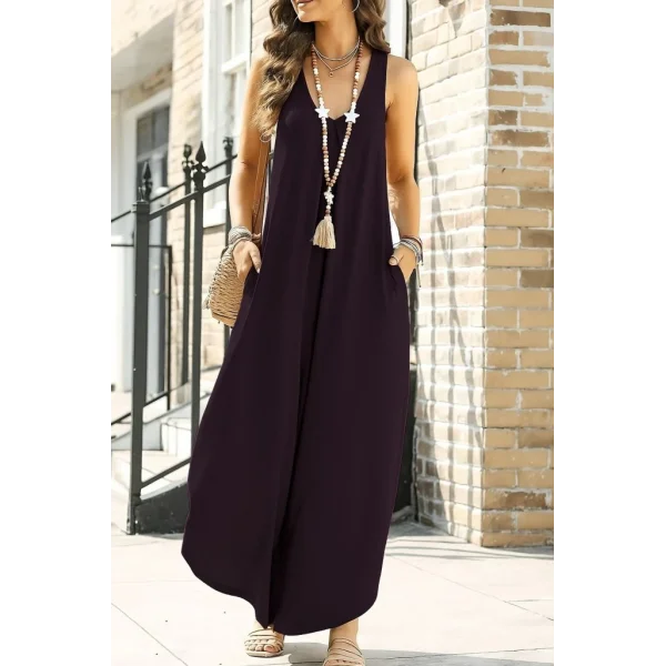 Kadın Askılı Yuvarlak Yaka Cepli Salaş Uzun Viskon Tulum