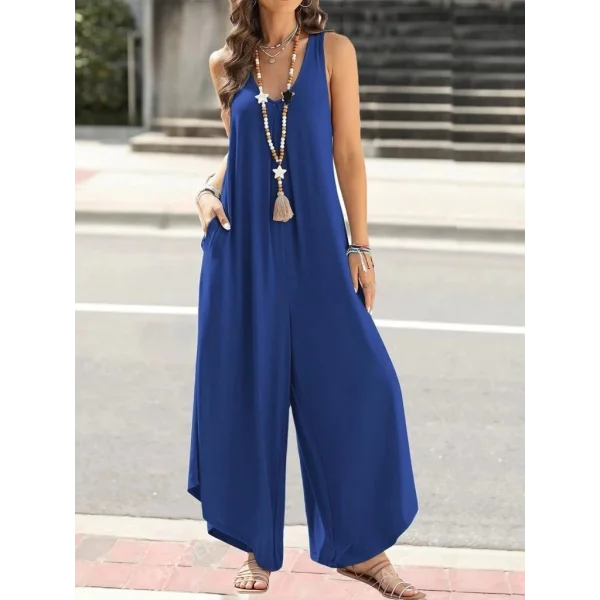 Kadın Askılı Yuvarlak Yaka Cepli Salaş Uzun Viskon Tulum