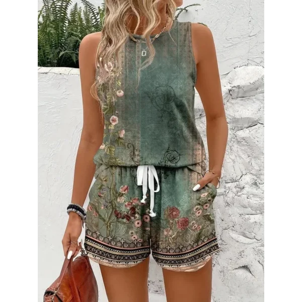 Kadın Askılı Yuvarlak Yaka çiçek Baskılı Süprme Bluz Ve Short Ikili Takım