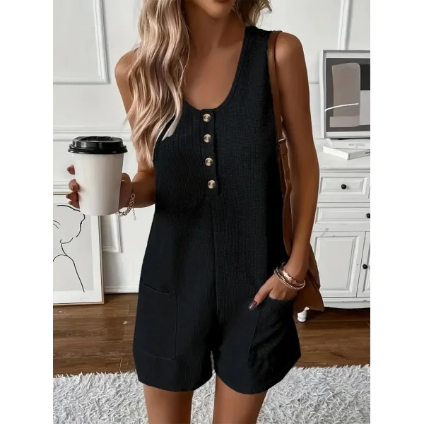 Kadın Askılı Yuvarlak Yaka Düğmeli Waffle Kısa Tulum