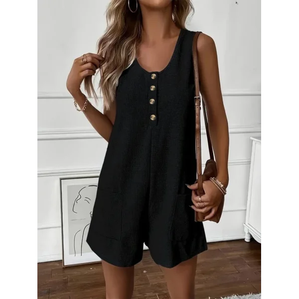 Kadın Askılı Yuvarlak Yaka Düğmeli Waffle Kısa Tulum